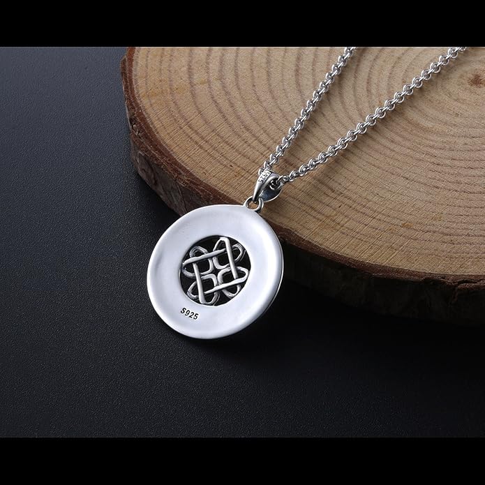 DAOCHONG 925 Sterling Silver Jewelry Oxidized Good Luck Irish Knot Celtic Medallion Round Pendant Necklace, 20 inch