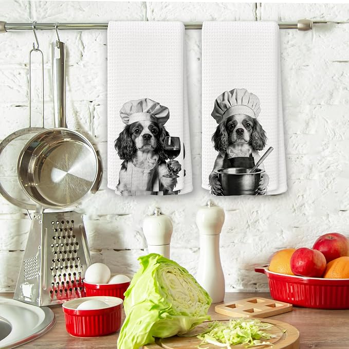 Funny Chef Cavalier King Charles Spaniel Kitchen Towels Set of 2, Dog Charles Spaniel Gifts for Women Dish Tea Towels for Kitchen, Dog Mom Lovers Owner Gifts Decorative Hand Towel, 16x24 Inch