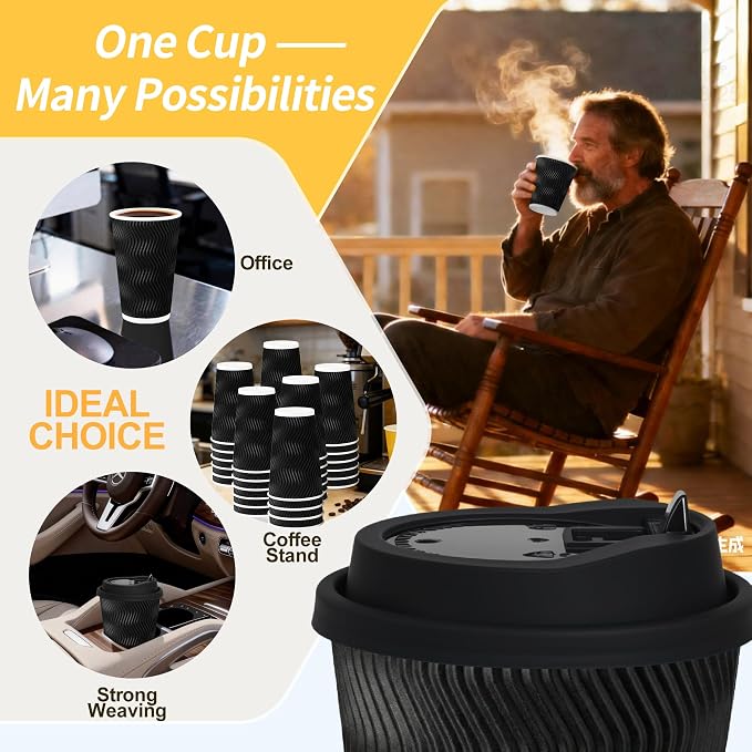 16 oz 100 Pack Corrugated Ripple Wall Disposable Coffee Cups with Lids and Straws, Heavy Duty Insulated Cups for Hot Beverage or Cold Drinks, Bulk for Restaurants, Offices, Coffee Shops(Black)