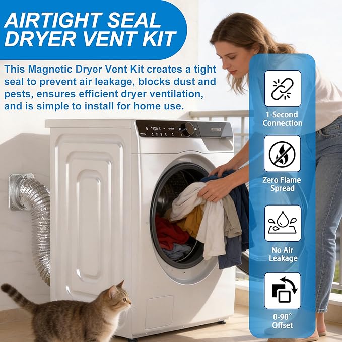 Magnetic Dryer Vent Connector Kit - Strong Magnet Airtight Seal Dryer Vent Hose for Tight Space, Quick Connect Disconnect, Easy to Clean 4-inch Sealed Hose with Clamps & Screws