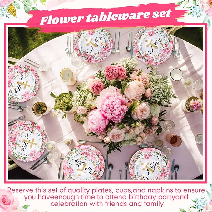 Pickmesh 250 Pcs Pink Baptism Cross Disposable Tableware Set Confirmation Baptism Disposable Paper Plates Napkins Cups for First Holy Communion Christening Baby Shower Girl Religious Supplies Serve 50