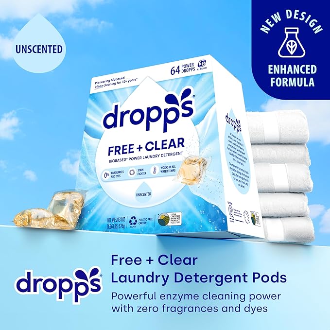 Dropps Free & Clear Laundry Detergent Pods (64 Count) - Unscented Laundry Pods | Fights Odors & Stains | Free of Dyes Parabens & Perfumes | Hypoallergenic | Clean Ingredients | Plastic Free Packaging