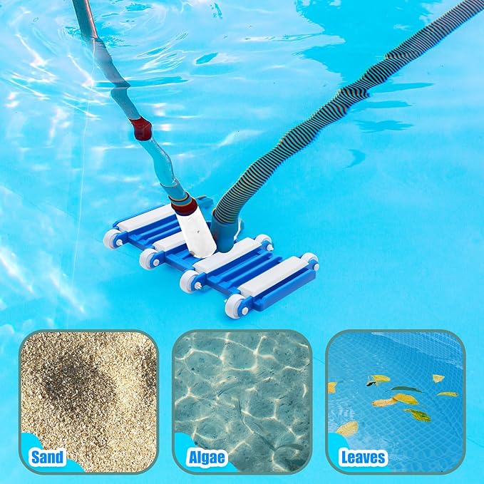 3 Pcs Pool Vacuum Kit Manual Vacuum Head with 1-1/2" x 18ft Long Hoses and Skimmer Net Flexible Head Wheels, Maintenance Accessory Tool for Above Ground Inground Pool Cleaning