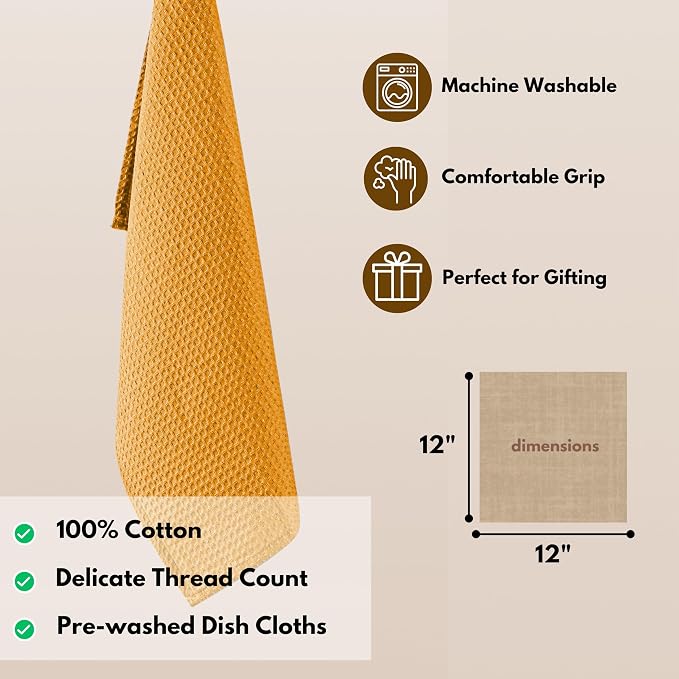 Native Fab 18 Pack Waffle Dish Cloths - 100% Cotton, Absorbent, Quick Drying, Washable Towels for Cleaning, Cooking, Baking - Great for Home, Restaurants, Bars & Cafes - 12 x 12 inch, Mustard Yellow