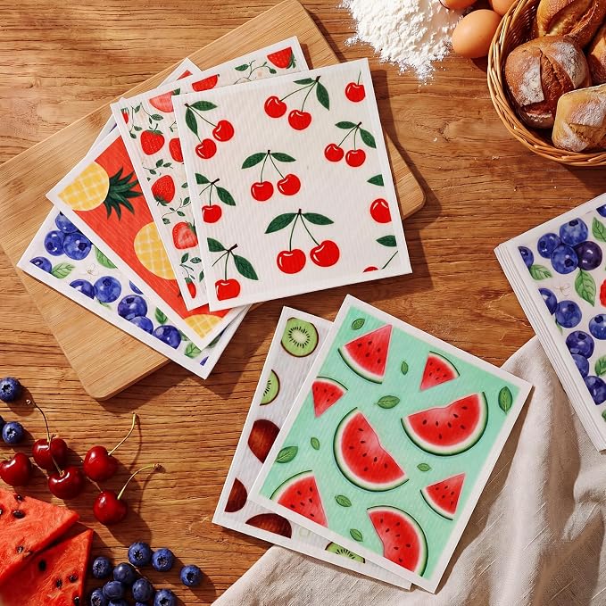 Mifoci 12 Pcs Fruit Swedish Kitchen Dishcloths 7 x 8 Inch Reusable Vintage Fruit Dish Towels Absorbent Cotton Cleaning Cloths for Kitchen Cleaning Wipes Housewarming