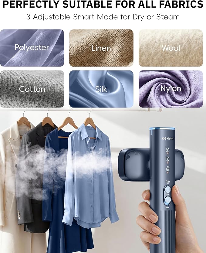 OGHom Steamer for Clothes, 110-240V Travel Steamer & Iron 2 in 1, 1000W Powerful Steam, Portable Handheld Garment Wrinkle Remover, 30s Fast Heat-Up with Dry& 2-Steam Control, for Global & Europe-Blue