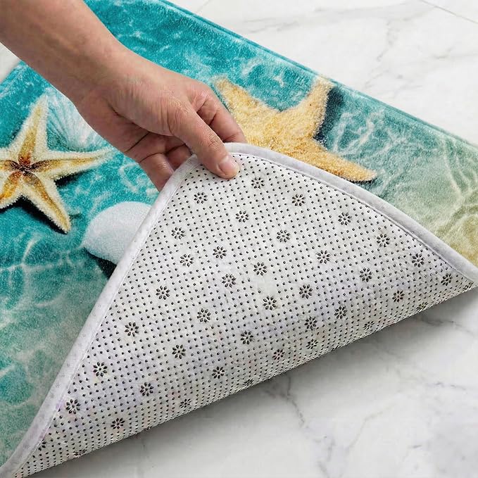 WODEJIA Bathroom Anti-Slip Foam Carpet, Durable Flannel Mat 3D Print Rug for Living Room, Absorbent Water Clearance Mats for Laundry Room and Kitchen, Beach Starfish Scallop Carpet 24 x 16 Inches
