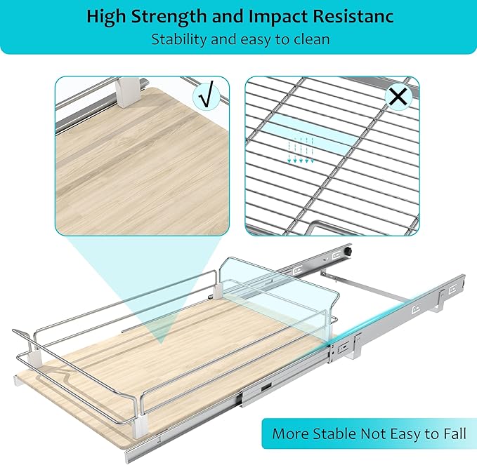 Pull Out Cabinet Organizer 20" W X 22" D, Slide Out Drawers For Kitchen Organizers and Storage, Pull Out Drawers For Cabinets Capacity Heavy Duty Caddy, Cabinet Shelves Wood Chrome, Pantry Storage