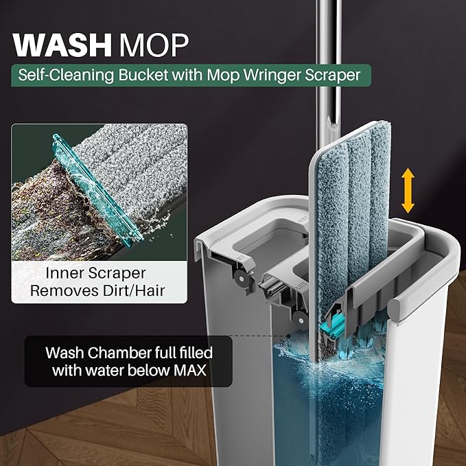 JOYMOOP Mop and Bucket Set, Hands-Free Flat Floor Mop and Bucket, 5 Washable Microfiber Pads, Wet and Dry Use, Ideal for Household and Commercial Floor Cleaning