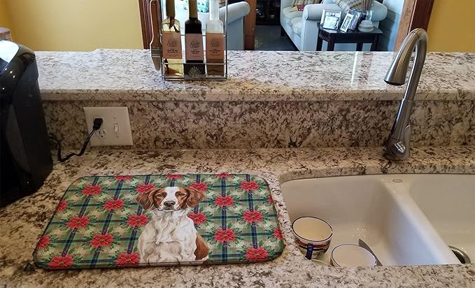 Caroline's Treasures Liver and White Brittany Christmas PoinsettIas Dish Drying Mat Absorbent Dish Drying Mat Pad for Kitchen Counter Dish Drainer Mat for Countertop, 14 x 21", Multicolor