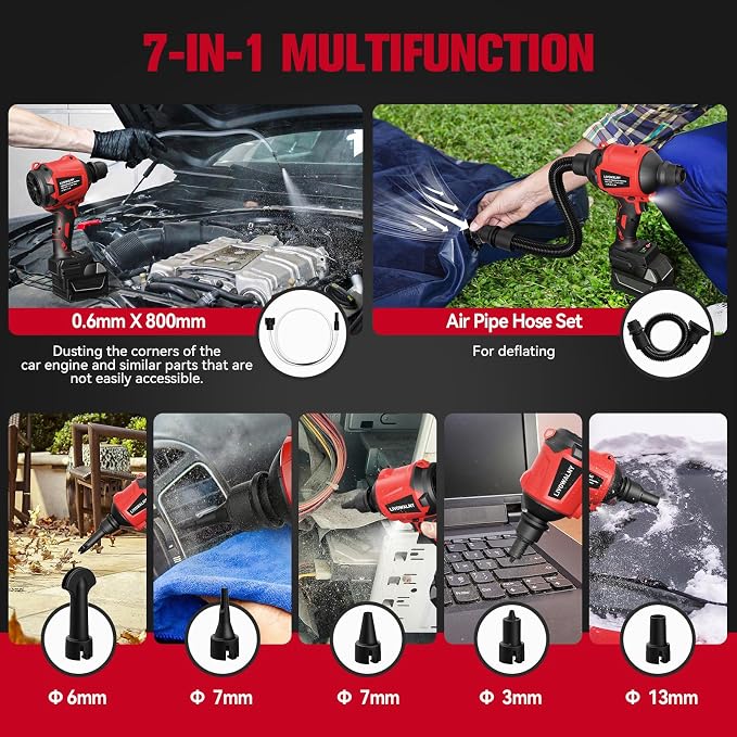 LIVOWALNY Cordless Air Pump Dust Blower Compatible with Milwaukee 18V Battery, Brushless Air Duster Compressed Air Mattress Pump w/ 3 Speeds & 7 Nozzles & 447 MPH/39 CFM for Workshop(Tool ONLY)