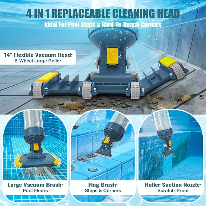 Vucaki 5-in-1 Cordless Pool Vacuum with 14" Wheel Vacuum Head, 10.8FT Telescopic Pole,18.9GPM Suction, 70Min Runtime, Handheld Cleaner for Inground & Above Ground Pools and Spas