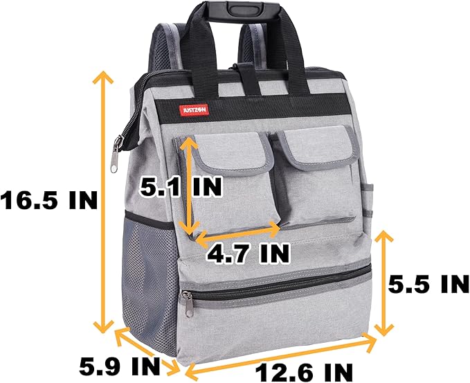 Backpack Tool Bag with Padded Back Support Heavy Duty Tool Kit Carrier Storage Bags for Electrician, Plumber, HVAC, Cable Repairman