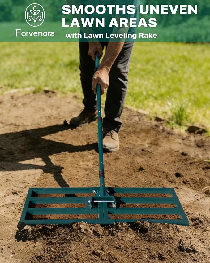 Lawn Leveling Rake 30"x10", Yard Leveling Rake with Wall-Mount Hook, Heavy-Duty Ground Leveler for Soil, Sand, Topsoil, Compost & Fertilizer