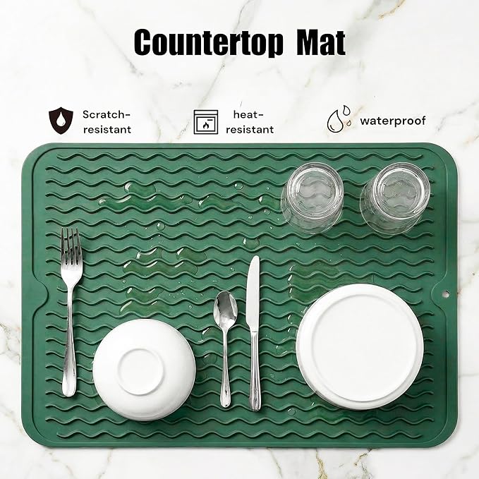MicoYang Silicone Dish Drying Mat for Multiple Usage,Easy clean,Eco-friendly,Heat-resistant Silicone Mat for Kitchen Counter or Sink,Refrigerator or drawer liner Green L 16 inches x 12 inches