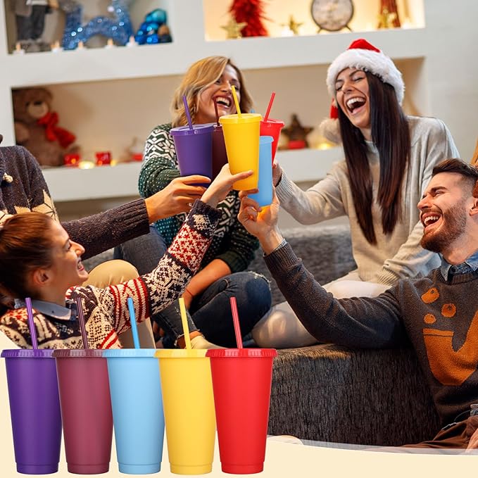 Honeydak 100 Pack Tumbler with Straw and Lid Bulk Cups for Gifts Water Bottle Iced Coffee Travel Mug Cup Reusable Plastic Tumblers for Party Birthdays 24-27 oz (Classic Color)