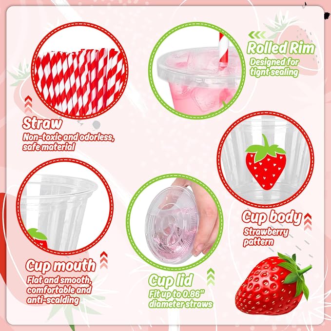Whaline 100Pcs Strawberry Disposable Plastic Cups with Lids and Straws 9oz Party Cups Red Strawberry Cold Beverage Drinking Cups for Iced Coffee Smoothie Juice Tea