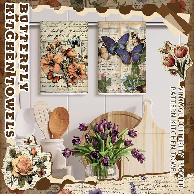 Bencailor 16 Pcs Summer Kitchen Towels Floral Butterfly Hand Dish Towels Vintage Flower Tea Dishcloths for Summer Holiday Kitchen Bathroom Home Decor Gifts, 16 x 24 Inch