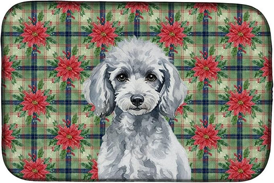 Caroline's Treasures Miniature Silver Poodle Christmas PoinsettIas Dish Drying Mat Absorbent Dish Drying Mat Pad for Kitchen Counter Dish Drainer Mat for Countertop, 14 x 21", Multicolor