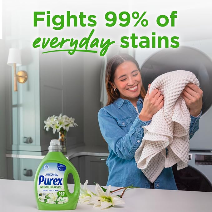 Purex Natural Elements Fresh Lilies & Linen Liquid Detergent, 82.5 oz, 165 Loads, Ultra-Concentrated, Dye-Free, USDA Certified Biobased Product