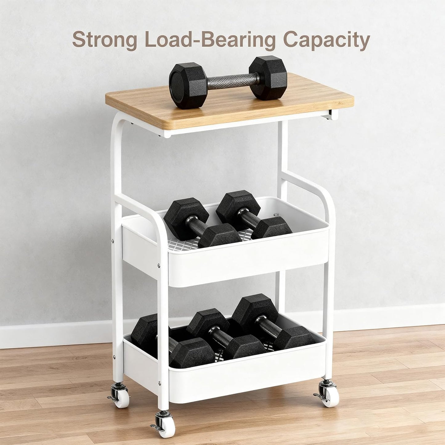 Rolling Cart with Wooden Tabletop 3-Tier Metal Utility Rolling Cart Storage Organizer with Lockable Wheels for Kitchen, Office, Bedroom