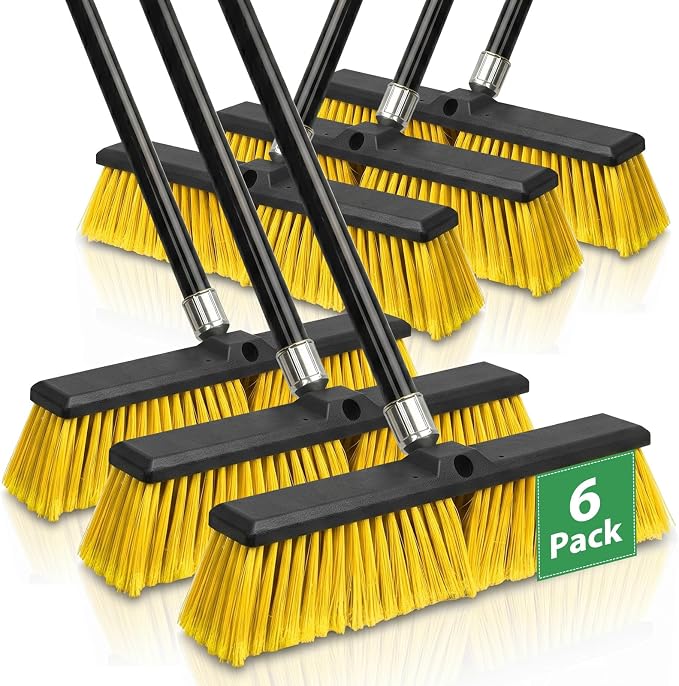 6 Pack 18" Push Broom Outdoor, Heavy Duty Broom with 62" Long Handle, Stiff Bristle Garage Broom for Patio Deck Driveway Concrete Floor Shop Warehouse Cleaning