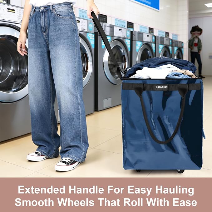 (Medium,Navy Blue) Reusable Grocery Bag on 4 Wheels, 70L Foldable Rolling Tote Bag with 3 Handles and Zipper, Rolling Shopping Cart for Groceries, Storage, Laundry, Travel, Organizer, 76lb