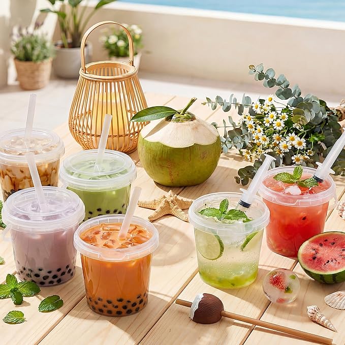 Funnymoom 24 Set Clear Plastic Drink Buckets with Lids Straws Syringes 24 oz Rum Buckets Disposable Party Cups Cocktail Pails with Handles for Outdoor Events, Beach, Pool, BBQ, Birthday Supplies