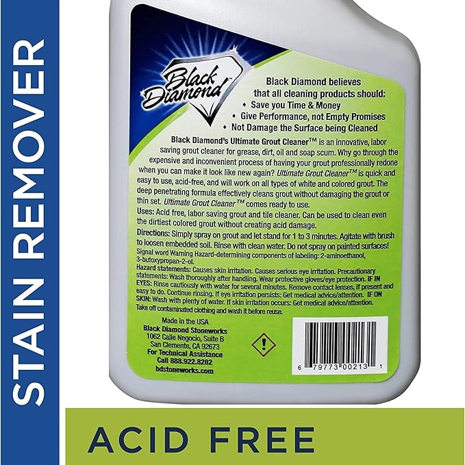 Black Diamond Stoneworks Ultimate Grout Cleaner for Tile Floors — Acid-Free Deep Cleaner Removes Grease, Dirt & Soap Scum Without Damaging Grout — Safe for Marble and All Natural Stone (1-Quart)