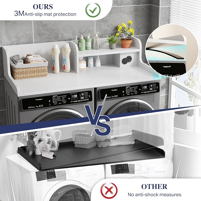 DTK Washer Dryer Countertop with Charging Station, 2 Tier Laundry Countertop with Anti-Slip Strips, 27.55" Depth x 54" Width, Wood Dryer Cover with Shelf,White (White)
