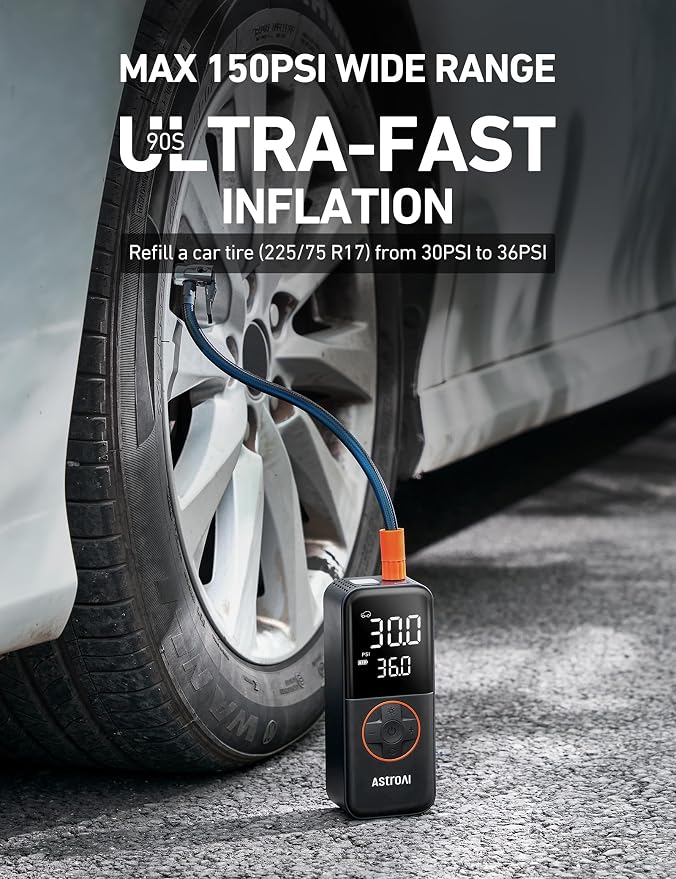 AstroAI L4 Cordless Tire Inflator Portable Air Compressor, 150PSI Portable Air Pump for Car Tires, Battery Electric Tire Pump with Pressure Gauge, Ultra-Fast Inflation for Cars,Motorcycles,Bikes,Balls