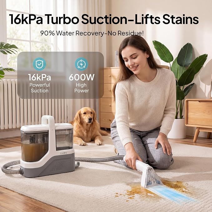 Portable Carpet Cleaner Machine for Pet Stains Upholstery Car Interior, 16kPa Powerful Suction Spot Cleaner with 2.3L+1.3L Dual Tank Self-Cleaning for Couch Rug Stairs Sofa Handheld Deep Cleaner