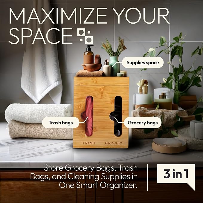 Under Sink Organizer for Kitchen Cabinet - Bamboo Trash Bag Dispenser & Bag Holder – Pantry Organizer & Garbage Roll Holder for Cleaning Supplies, Apartment Essentials & Home Organization