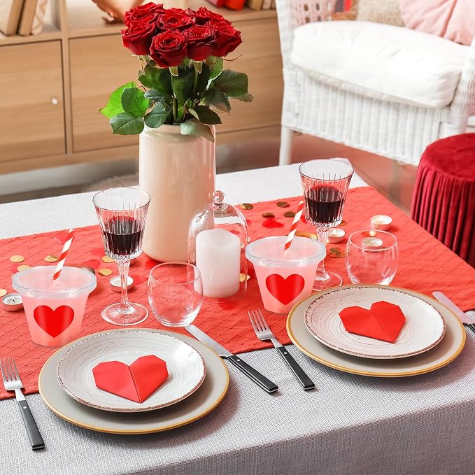 Whaline 100 Pcs 9 Oz Valentine's Day Disposable Plastic Cups with Lids and Straws Red Heart Cold Beverage Valentine Love Heart Drinking Cups Iced Coffee Juice Tea Cup for Wedding Whiskey Party Favors