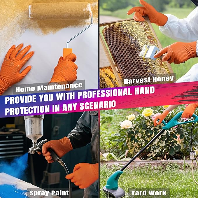 FINITEX Industrial Diamond Texture Nitrile Orange Glove - 100/1000PCS Chemical Resistant 6.3mil Mechanic Disposable Gloves