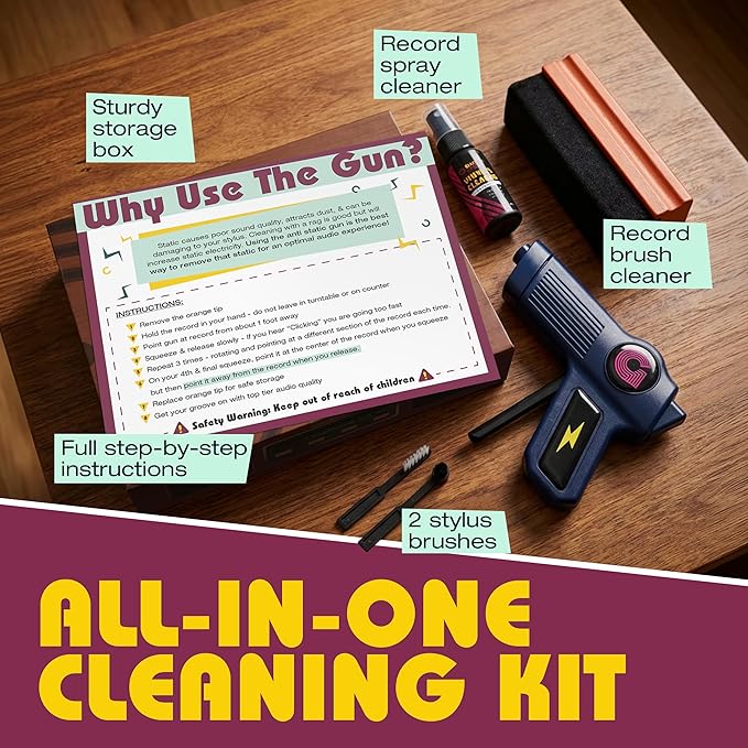 Anti Static Gun For Vinyl Records | Vinyl Record Cleaner Kit Includes Zero Static Remover Gun With Stylus Cleaner, Record Cleaning Brush, and Album Cleaning Solution - With Vintage Turntable Packaging