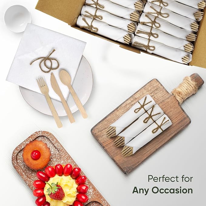 EcoPreps Premium Pre-Rolled Napkin and Bamboo Cutlery Set (100 Pack, 400 PCS) 100% Biodegradable, Eco-Friendly, Disposable Wrapped Cutlery - Includes Pre-Wrapped Bamboo Forks, Knives, Spoons, Napkins