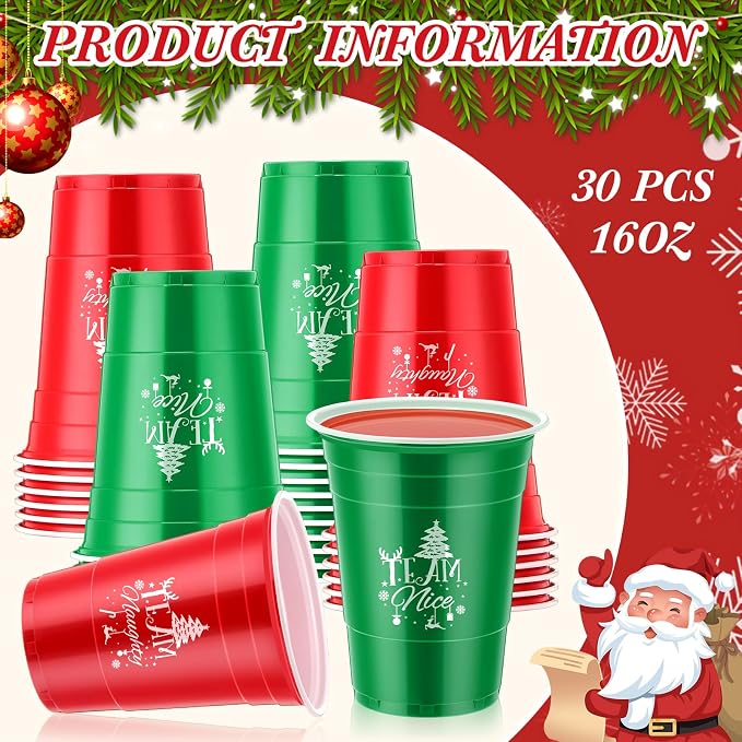 Sliner 30 Pcs 16 oz Christmas Disposable Cups Bulk Plastic Coffee Team Naughty or Nice Plastic Disposable Drinking Cups for Party Drinks Supplies