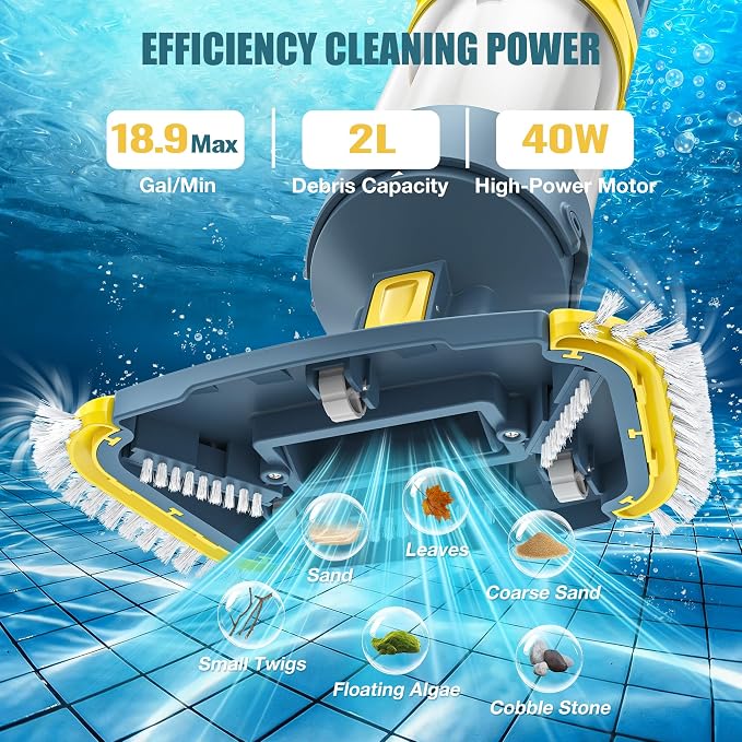 Vucaki 5-in-1 Cordless Pool Vacuum with 14" Wheel Vacuum Head, 10.8FT Telescopic Pole,18.9GPM Suction, 70Min Runtime, Handheld Cleaner for Inground & Above Ground Pools and Spas