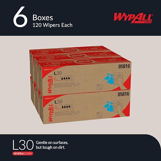 WypAll GeneralClean L30 Cloths Heavy Duty Cleaning Wipes (05816), Pop-Up Box, Strong and Soft Bulk Paper Wipers, White (6 Packs of 120 Sheets, 720 Sheet Total)
