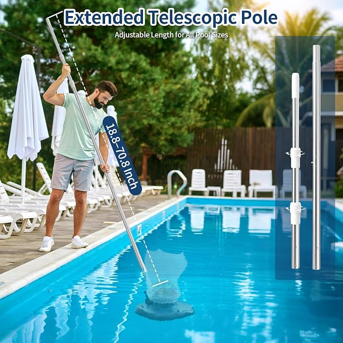 Rechargeable Pool Leaf Vacuum with Telescopic Pole, 83GPM Powerful Suction – Cordless Pool Skimmer for Inground & Above Ground Pools with 6.6Gal Leaf Catcher Bag for Heavy Debris Areas