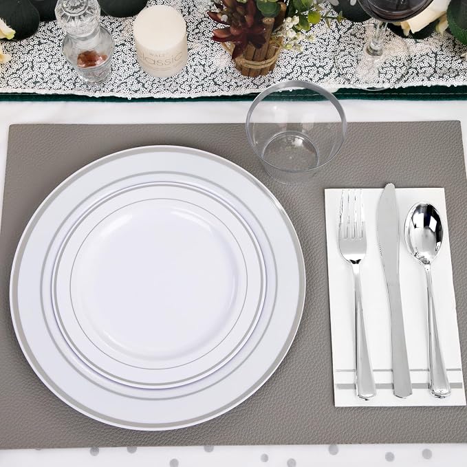 GATHER 175 Pieces Silver Plates - Disposable Silver Plastic Plates Includes 50 Plates, 75 Silverware, 25 Napkins, 25 Silver Rimmed Cups Perfect for Party & Weding