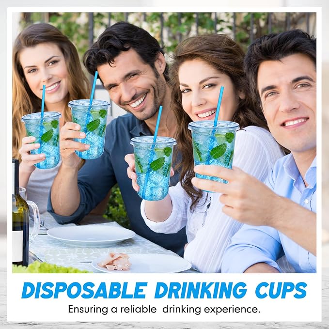 Ziliny 50 Sets Clear Round Bottom Plastic Cups with Lids and Straws, Cute Disposable Drinking Coffee Cups, for Christmas Valentine's Galentine's Day Party Wedding Birthday Supplies (16oz,Blue)