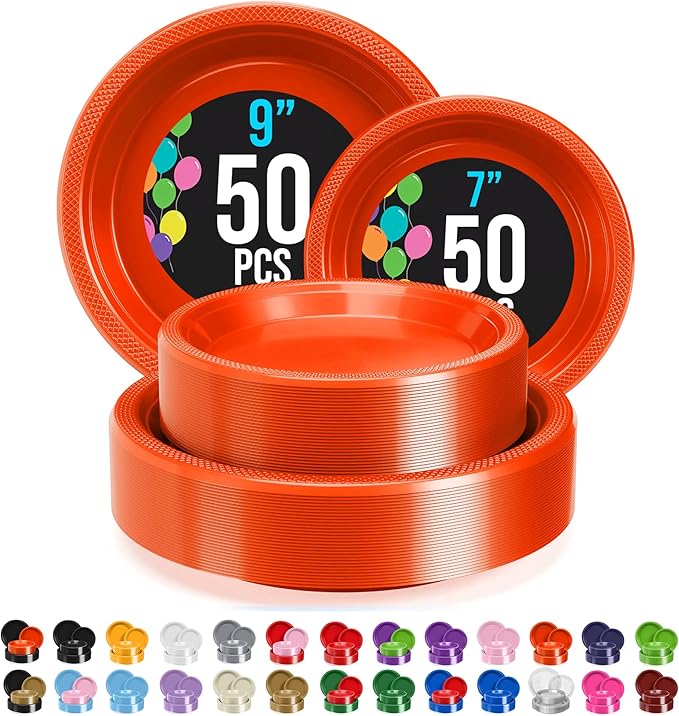 Exquisite Party Solids Orange Plates Disposable Orange Plastic Plates 100 Pieces - 50-7" & 50-9" Heavy Duty 350 GSM Disposable Dinnerware Sets, Plastic Dinnerware Sets