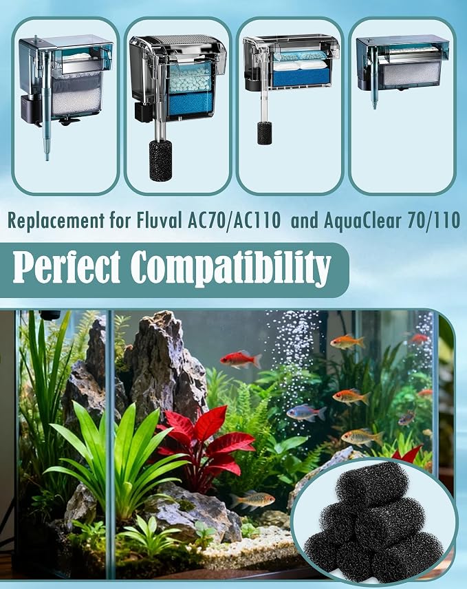 6 Pcs Pre-Filter Sponges Compatible with Fluval AC70/AC110 and AquaClear 70/110 Power Filters Replacement Foam Sponges for Freshwater & Saltwater Aquariums, Protects Small Fish, Shrimp and Fry