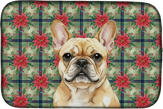 Caroline's Treasures Fawn French Bulldog Christmas PoinsettIas Dish Drying Mat Absorbent Dish Drying Mat Pad for Kitchen Counter Dish Drainer Mat for Countertop, 14 x 21", Multicolor