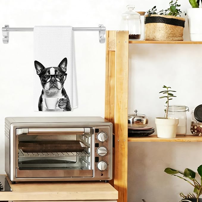 Funny Boston Terrier Kitchen Towels, Dog Kitchen Accessories, Dog Chef Gifts for Women Decorative Hand Towels for Kitchen Decor, Coffee Lovers Gifts Dish Tea Towel, 16x24 Inch