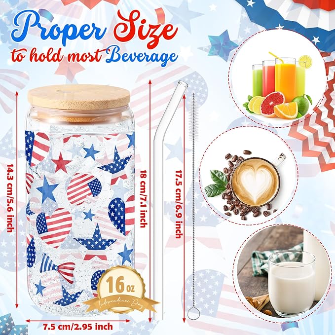 Sliner 2 Pcs Patriotic Glass Cups 4th of July Gifts Tumbler with Lid Straw American Flag Star Iced Coffee Cup 16 oz Red White Blue Drinking Glasses for Women