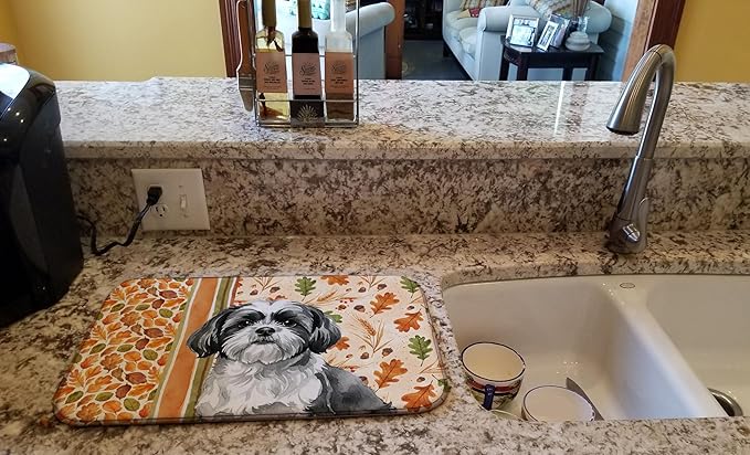 Caroline's Treasures Black and White Shih Tzu Heirloom Fall Dish Drying Mat Absorbent Dish Drying Mat Pad for Kitchen Counter Dish Drainer Mat for Countertop, 14 x 21", Multicolor