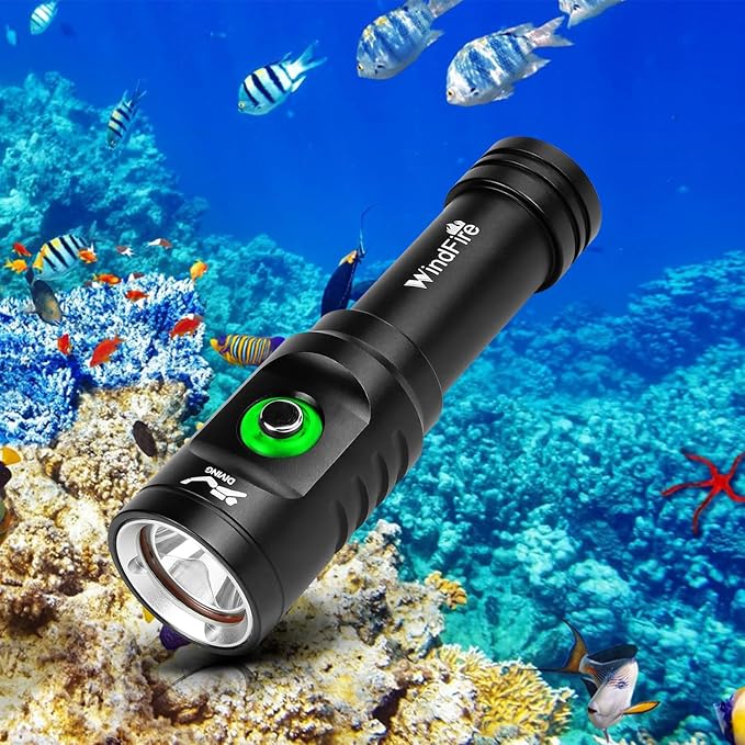 WINDFIRE Dive Light Scuba Diving Flashlight Bright Underwater Flashlight | 3 Modes, Power Indicator, IPX8 Waterproof, Built-in Battery Non-detachable, Long-lasting, Night Diving & Snorkeling